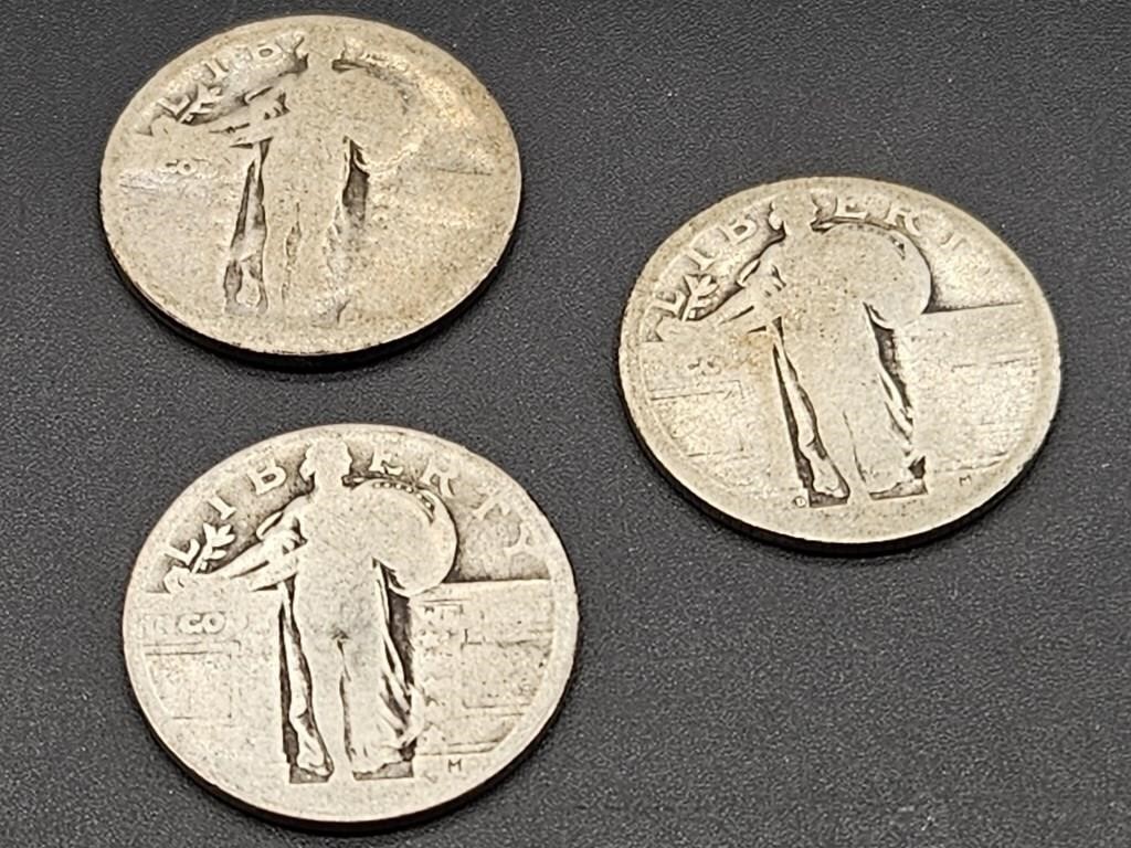 (3) Silver Standing Liberty Quarter Dollar