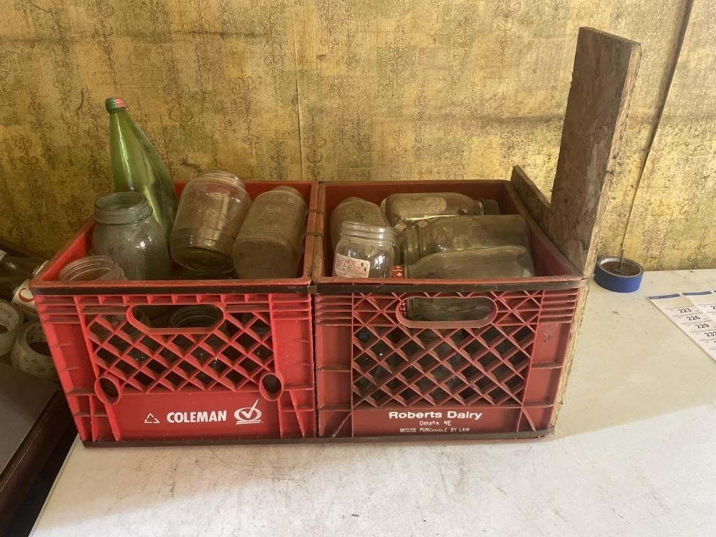 Coleman, Roberts dairy milk crates, Ball jars,