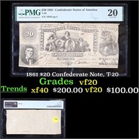 1861 $20 Confederate Note, T-20 Graded vf20 By PMG