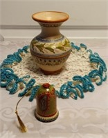 Pottery Vase Made in Spain, Doily, & Wooden Bell