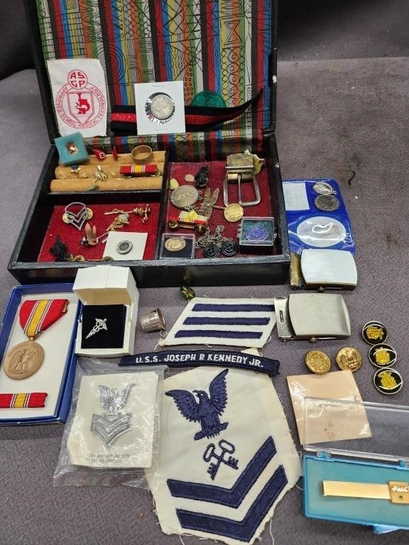 Lot of metal jewelry and military patches and