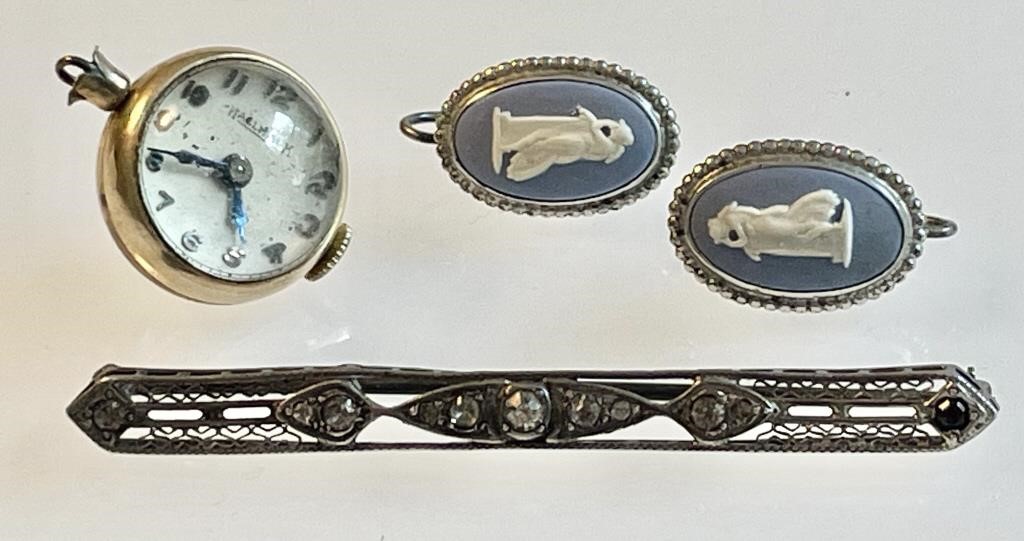 Sterling Wedgwood earrings, sterling brooch,