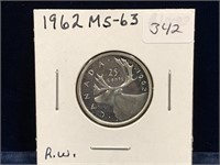 1962 Canadian Silver 25 Cent Piece  MS63