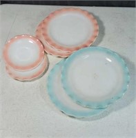Grouping of blue pink & white plates and saucers