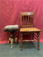 Oak dining chair and organ stool in need of