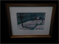 Framed watercolor Vermont Farmhouse Signed Nordia