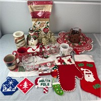 Christmas Decor Table Cloth, Ornaments, Coffee Cup