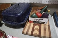 GRANITEWARE ROASTER,FAUX VEGETABLES, CUTTING BOARD