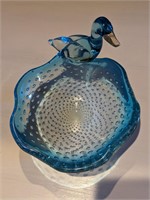 Blue Bubble Glass Duck Dish Art Glass