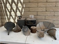 Old Oil Cans, Funnels, Scoops, Market Scale Basket