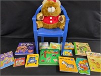 Stuffy and various kids books, kids plastic chair