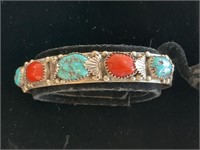 Sterling Turquoise & Coral Zuni Signed "Dave &