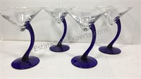 Set of four blue glass stem martini glasses