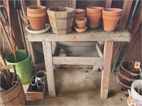 Primitive potting table, clay pots, planter