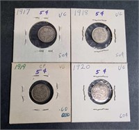 1917, 1918, 1919, 1920 CANADIAN SILVER FIVE CENTS