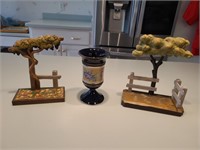 2 Italian Anri wooden Tree Bookends & Urn. Nook
