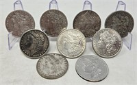 9 Pre-’21 Morgan Dollars F-AU Some Cleaned