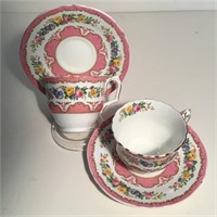 PAIR CROWN STAFFORDSHIRE TEACUPS & SAUCERS
