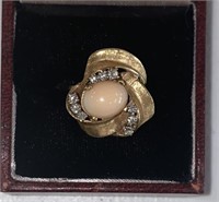 VINTAGE 14K HEAVY CORAL & DIAMOND RING