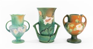 Roseville Pottery Doubled-Handled Vases, 3