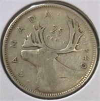 Silver 1940 Canadian quarter