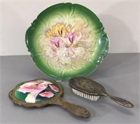 Antique German Floral Plate w/Brush & Mirror