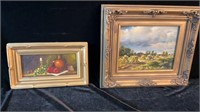 2 Framed Paintings on Board: Still Life, Landscape