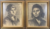 2 Antique Charcoal Portraits Custom Framed Art