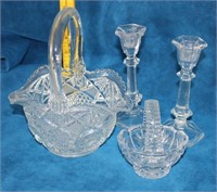 4 Pieces of Glass; 2 Baskets & a Pair of