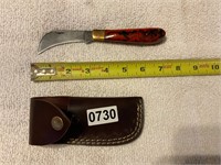 Folding Blade Damascus Knife w/ leather sheath