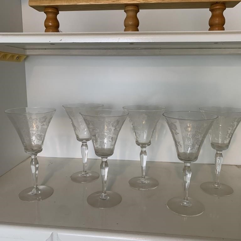 6- Elegant Etched Glass Floral Water Goblets