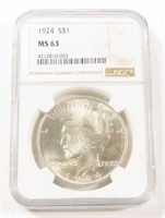 NGC GRADED 1924 SILVER PEACE DOLLAR MS63 $1.00