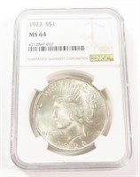 NGC GRADED 1923 SILVER PEACE DOLLAR MS64 $1.00