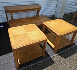 Matching wooden coffee, two (2) end tables & sofa