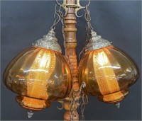Mid-Century Amber Hanging Globe Lights Pair-WORK