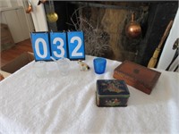 GROUP OF GLASSWARE ITEMS, TIN, WOOD BOX-NOT BOXED