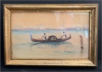 Antique Watercolor or Gouache in Greek Key Frame