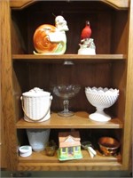 glassware,cardinal,snail covered dish & items