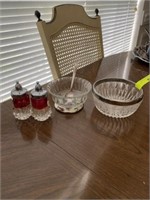 2 Glass Bowls, spoon, SP shakers