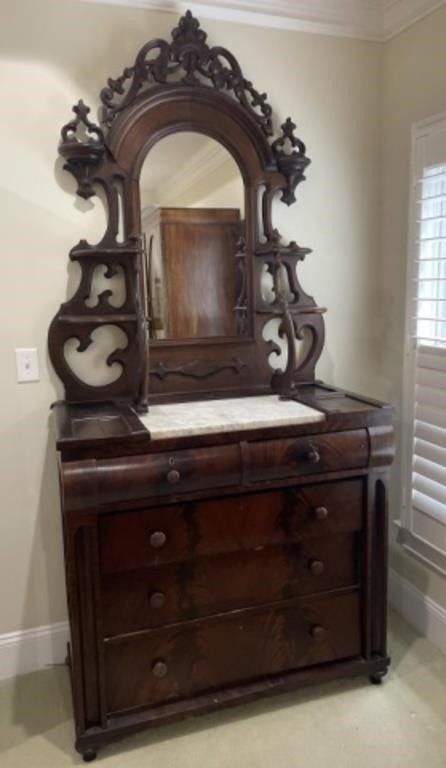 Antique Mahogany & Marble 5-Drawer Vanity Dresser