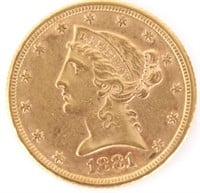 1881-P 90% GOLD $5 LIBERTY HEAD COIN