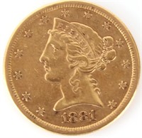1881-S 90% GOLD $5 LIBERTY HEAD COIN
