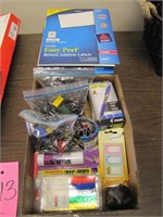 Group of office misc: labels, binder clips, pens &