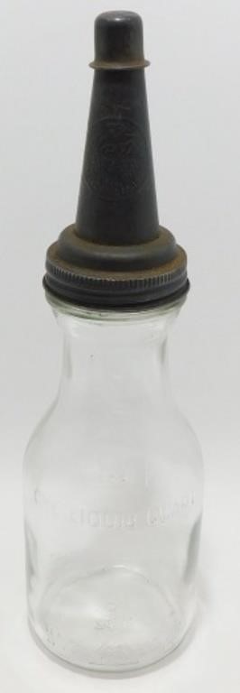 * Old Gas Station Glass Oil Bottle with Metal