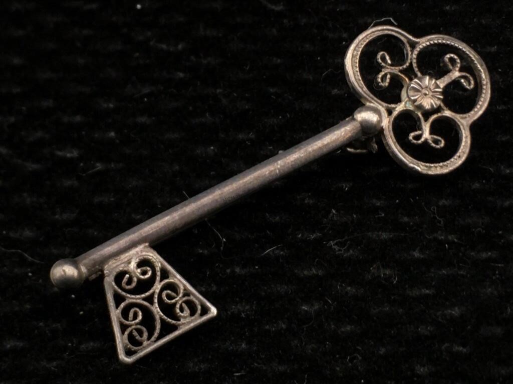 Sterling Silver Filigree Key Pin - 2 inch