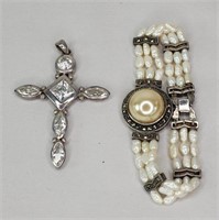 Sterling silver pendant & sterling pearl bracelet
