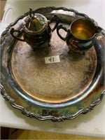 SILVERPLATE TRAY WITH SUGAR AND CREAMER