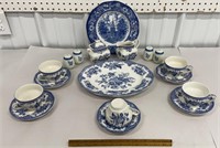 Blue & white platter, plate, cup & saucers, s&p