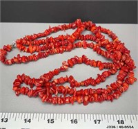 60” Red Coral beaded necklace Sterling Silver
