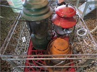 dietz lantern, 2 coleman lanterns, metal crate